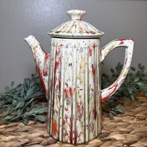 Vintage Studio Pottery Coffee Pot Red Drip Glaze Fluted Ceramic 10” MCM, Chips